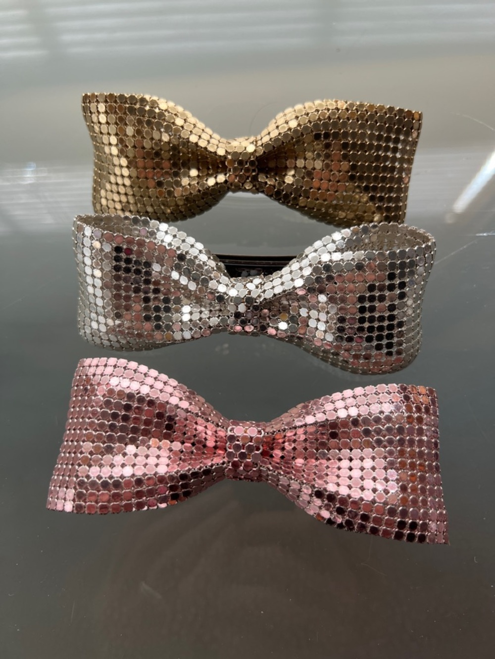 3️⃣Set 1980s Made in France Metal Mesh Chainmail Bow Barrette Gold Silver Rose - Picture 3 of 17